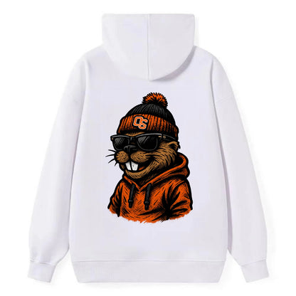 Corvallis Beaver wearing Oregon State beanie with OS patch - Classic Pullover Hoodie - White