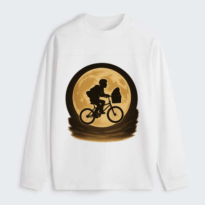 boy with bicycle flying across full moon with silhouette - Classic Long Sleeve Shirt - White
