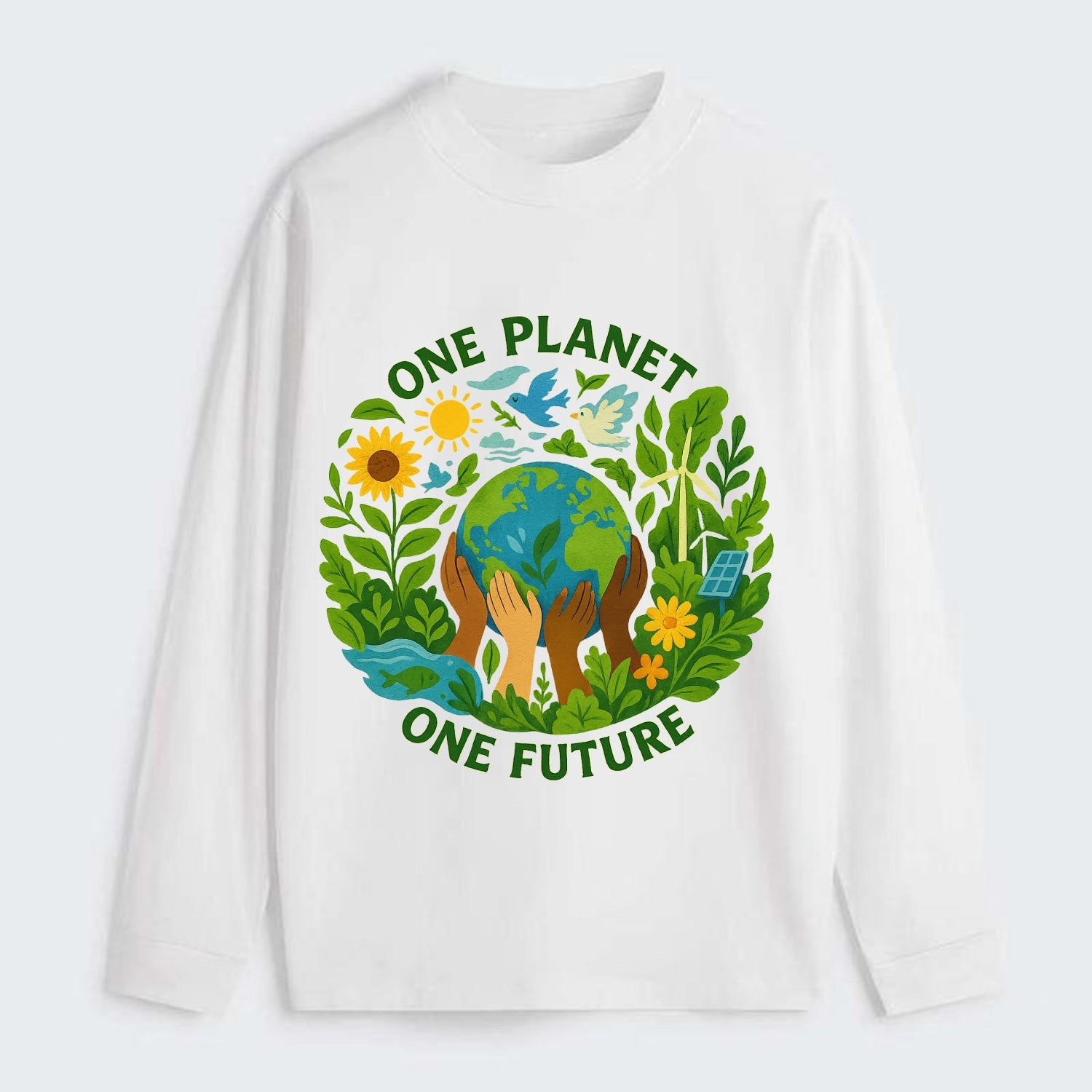 Globe surrounded by hands of all colors working together - "One Planet, - Classic Long Sleeve Shirt - White