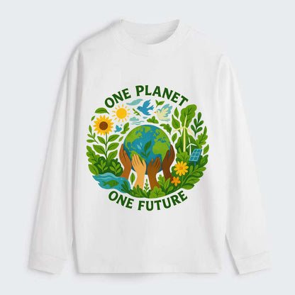 Globe surrounded by hands of all colors working together - "One Planet, - Classic Long Sleeve Shirt - White