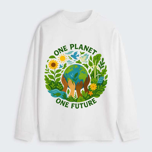 Globe surrounded by hands of all colors working together - "One Planet, - Classic Long Sleeve Shirt - White