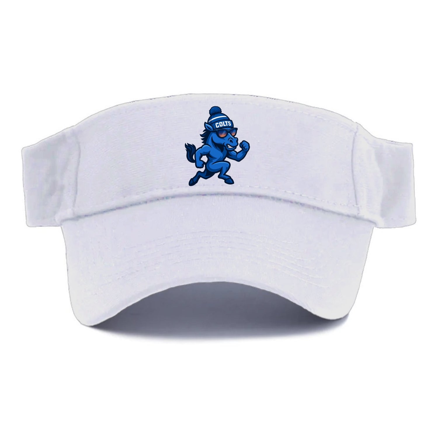 Indianapolis Colt Horse wearing Colts blue and white beanie with pom pom and wayfarer - Visor - White
