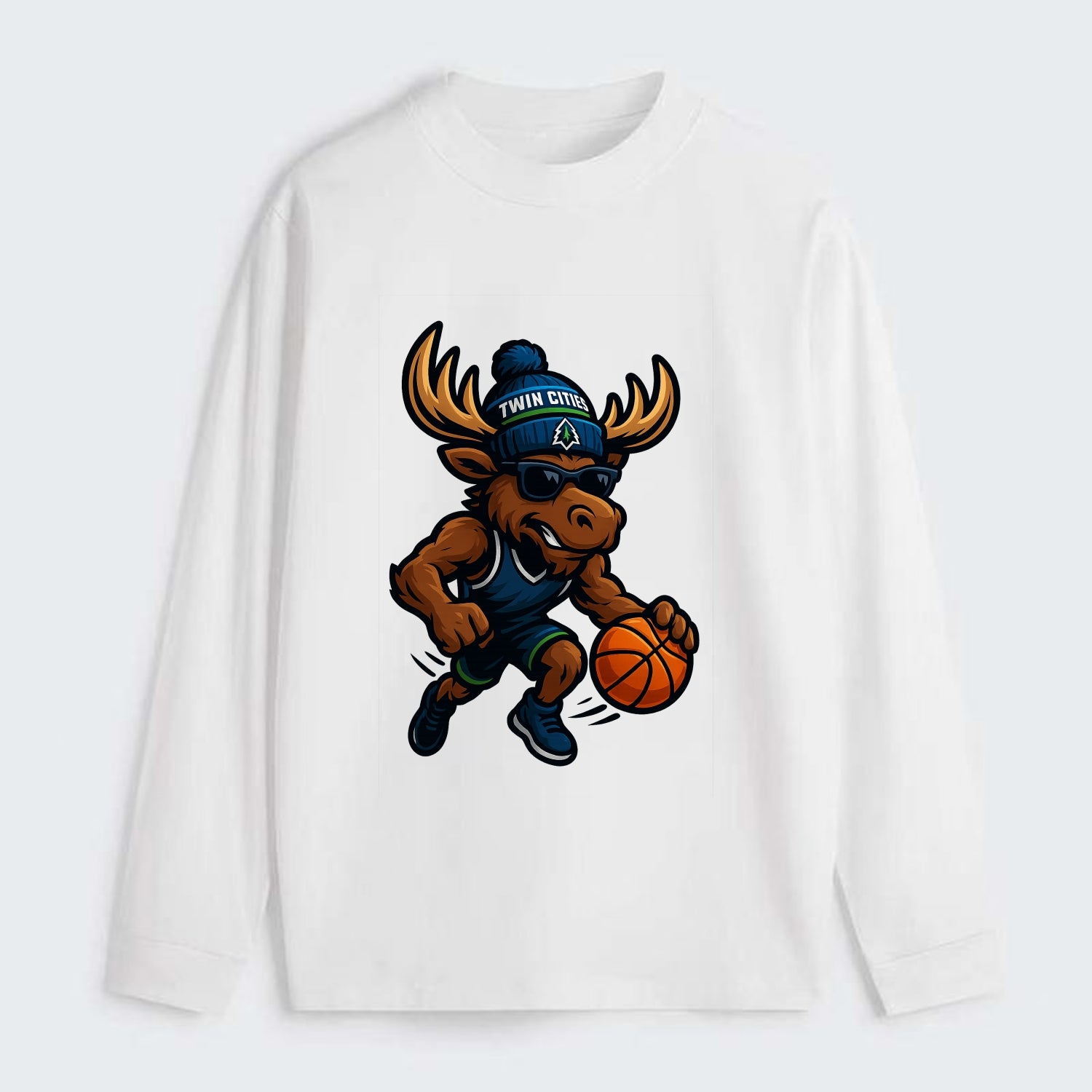 Twin Cities Moose wearing Timberwolves beanie with pine tree patch and - Classic Long Sleeve Shirt - White
