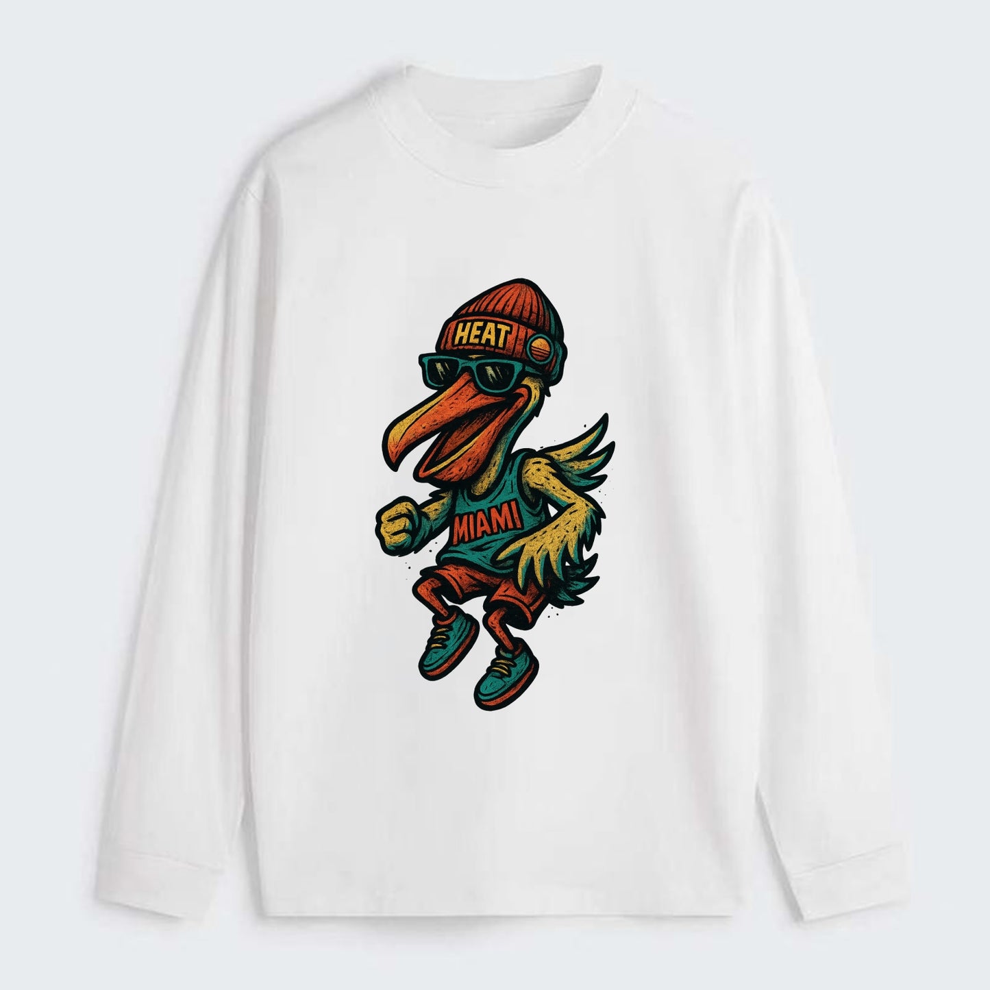 Miami Pelican wearing Heat beanie with sunset patch and wayfarer - Classic Long Sleeve Shirt - White