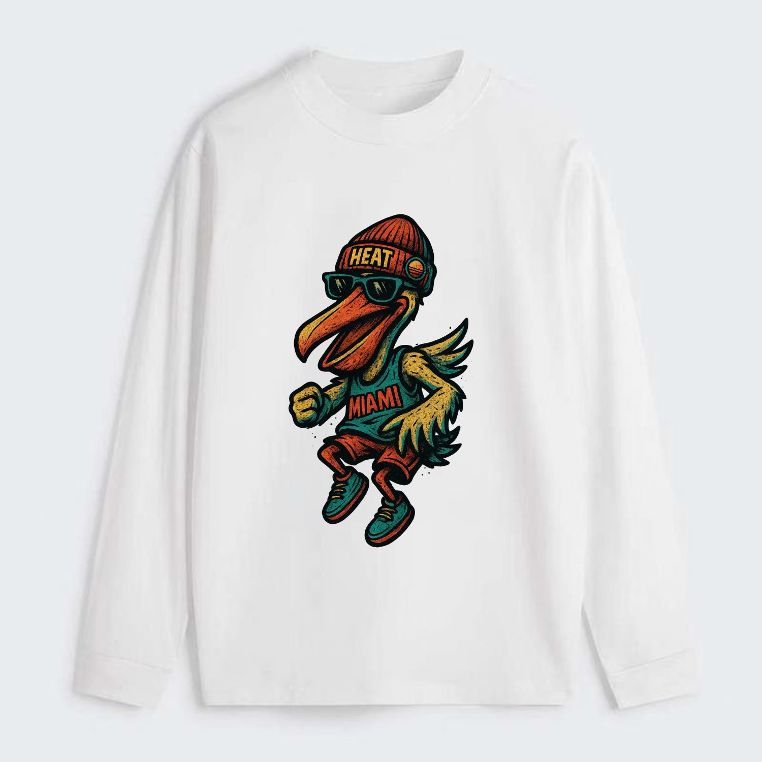 Miami Pelican wearing Heat beanie with sunset patch and wayfarer - Classic Long Sleeve Shirt - White