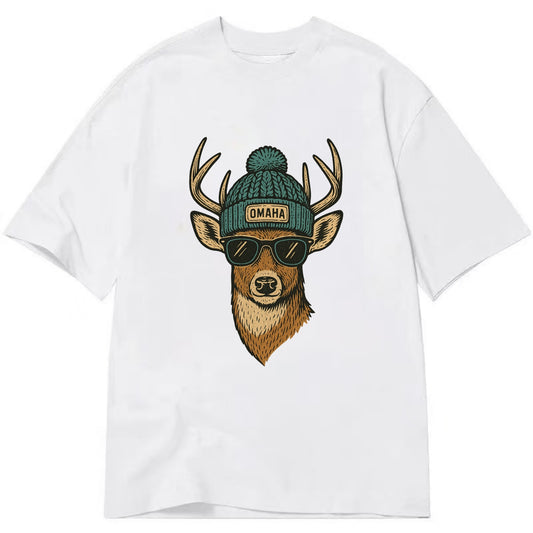 Nebraska White-tailed Deer wearing Omaha beanie with pom pom and wayfarer - Classic T-shirt - White