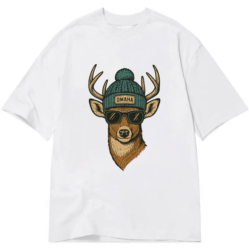 Nebraska White-tailed Deer wearing Omaha beanie with pom pom and wayfarer - Classic T-shirt