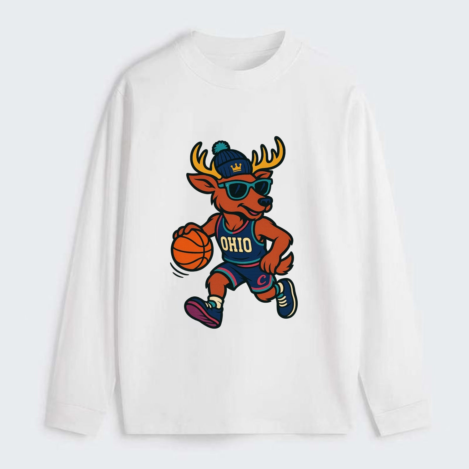 Ohio Deer wearing Cavs beanie with crown patch and wayfarer sunglasses - Classic Long Sleeve Shirt - White