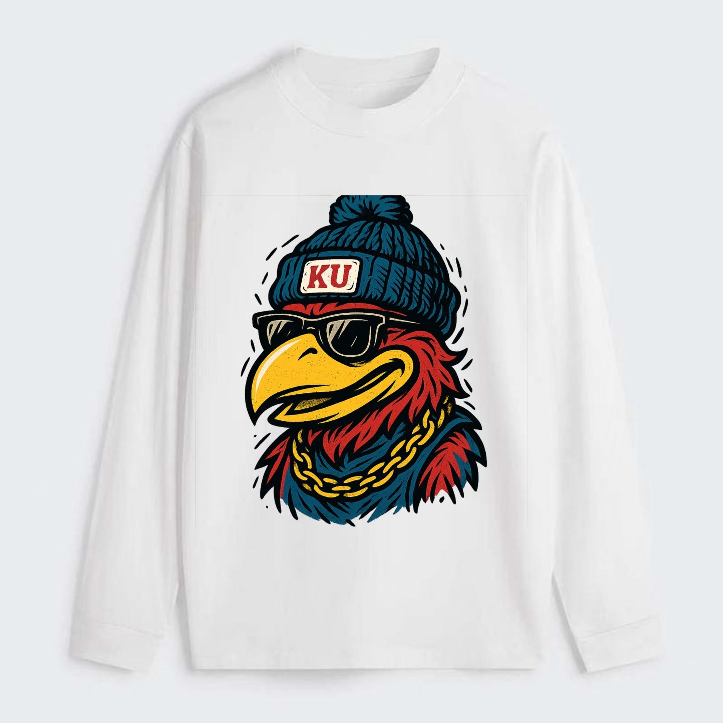 Lawrence Jayhawk wearing Kansas beanie with KU patch - Classic Long Sleeve Shirt - White