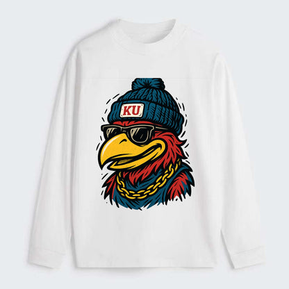 Lawrence Jayhawk wearing Kansas beanie with KU patch - Classic Long Sleeve Shirt - White
