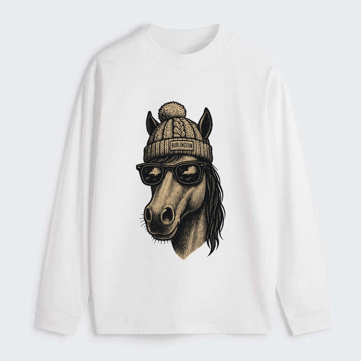 Vermont Morgan Horse wearing Burlington beanie with pom pom and - Classic Long Sleeve Shirt - White