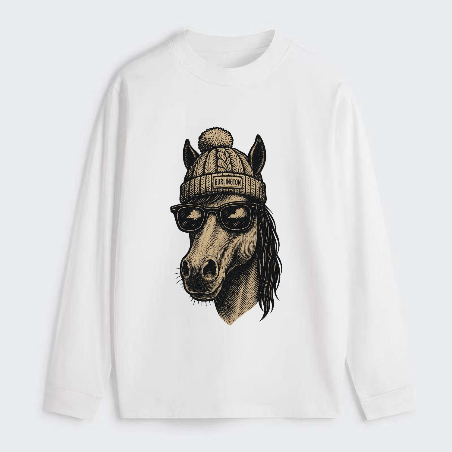 Vermont Morgan Horse wearing Burlington beanie with pom pom and - Classic Long Sleeve Shirt - White