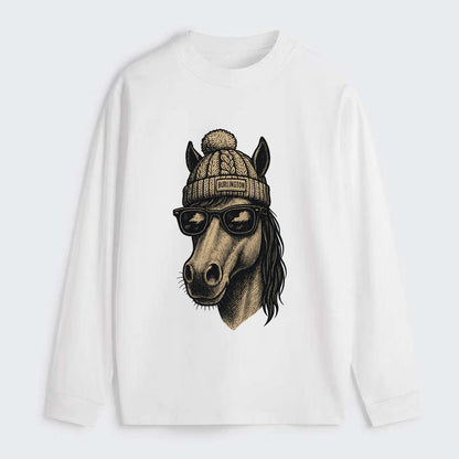 Vermont Morgan Horse wearing Burlington beanie with pom pom and - Classic Long Sleeve Shirt - White