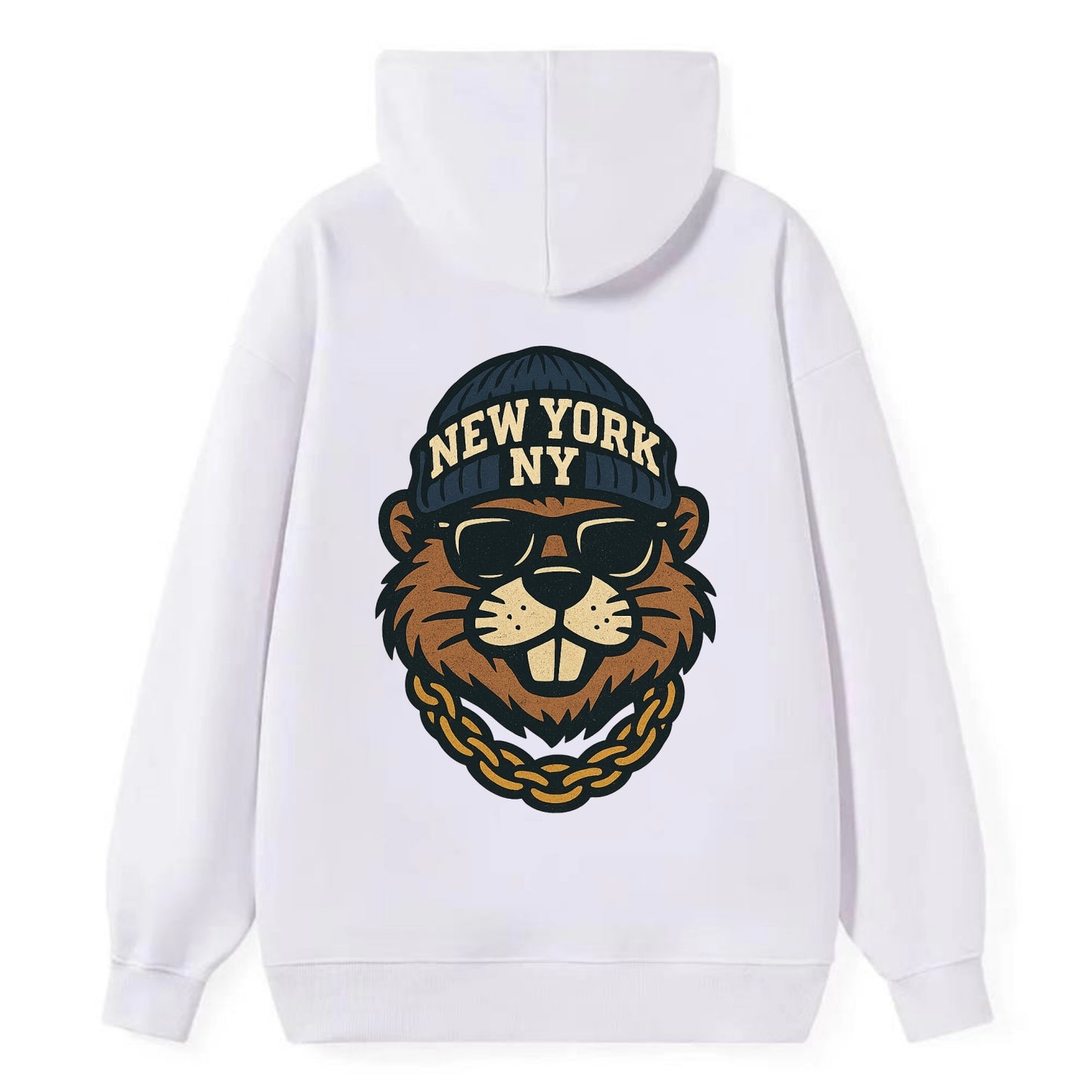 {"animal":"beaver","locationText":"NEW YORK","initials":"NY","beanieColor" - Classic Pullover Hoodie - White