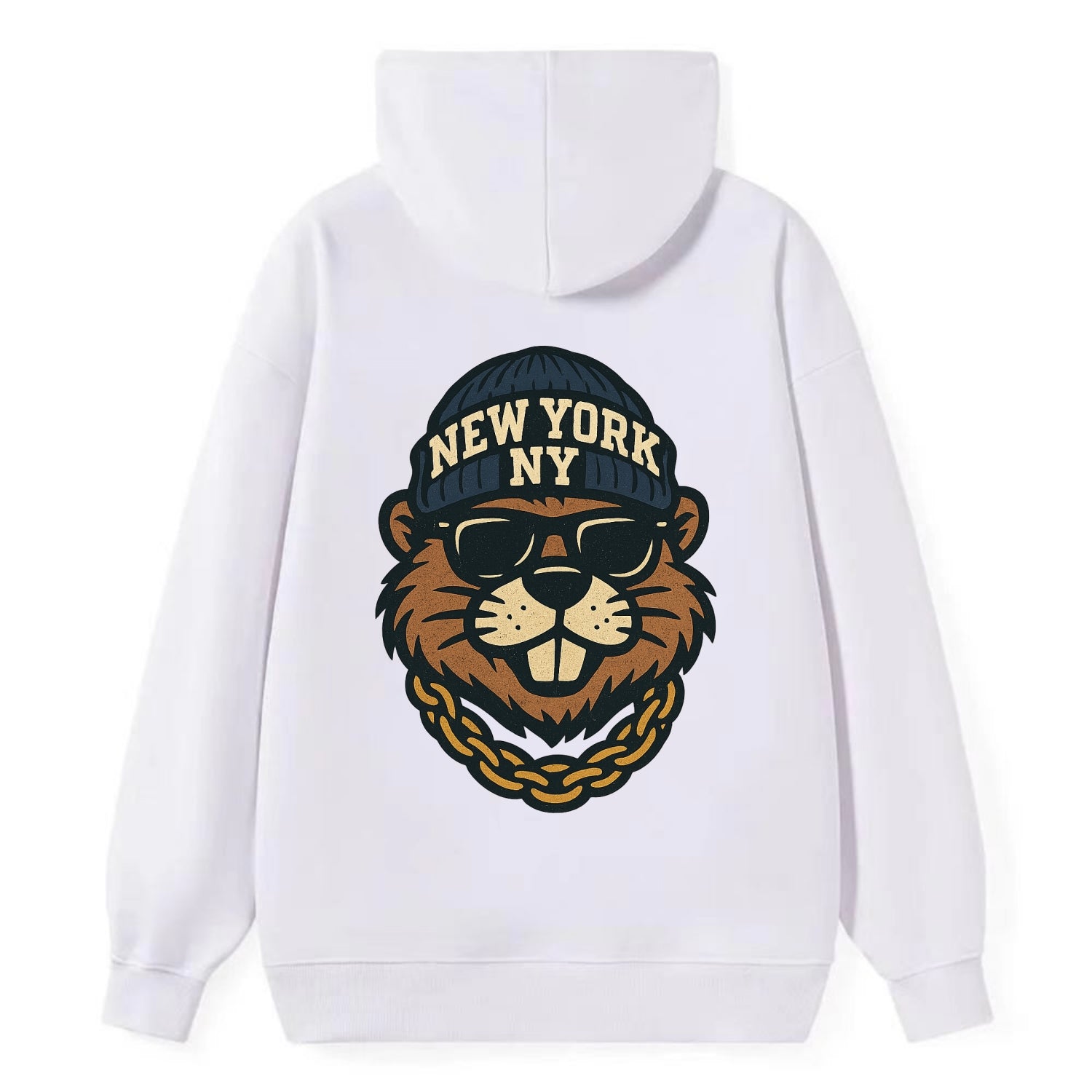 {"animal":"beaver","locationText":"NEW YORK","initials":"NY","beanieColor" - Classic Pullover Hoodie - White