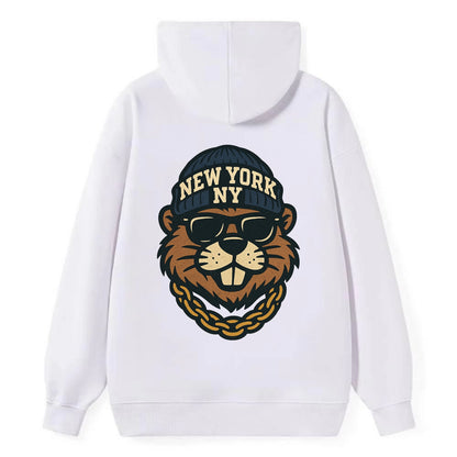 {"animal":"beaver","locationText":"NEW YORK","initials":"NY","beanieColor" - Classic Pullover Hoodie - White