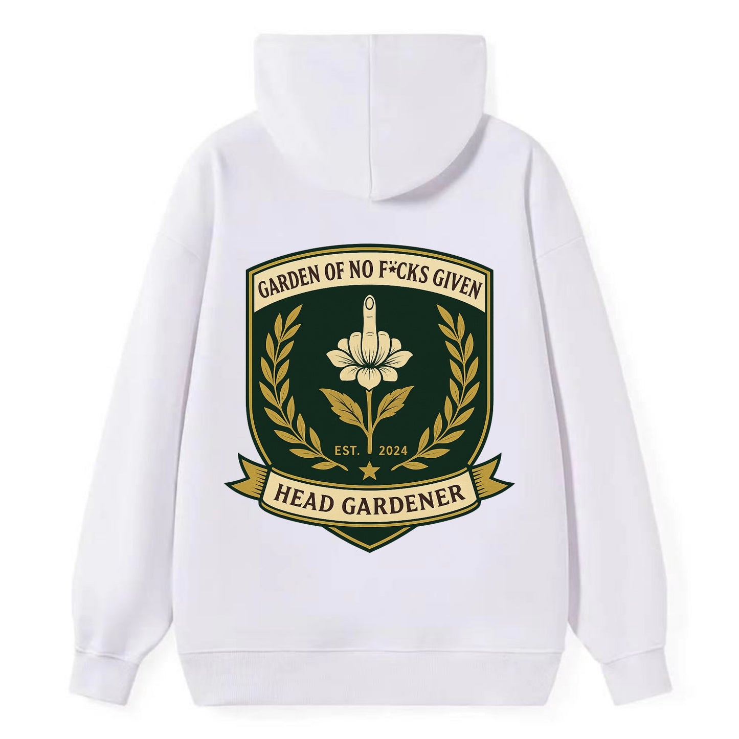Shield with middle finger flower - "Garden of No F*cks Given - Head - Classic Pullover Hoodie - White