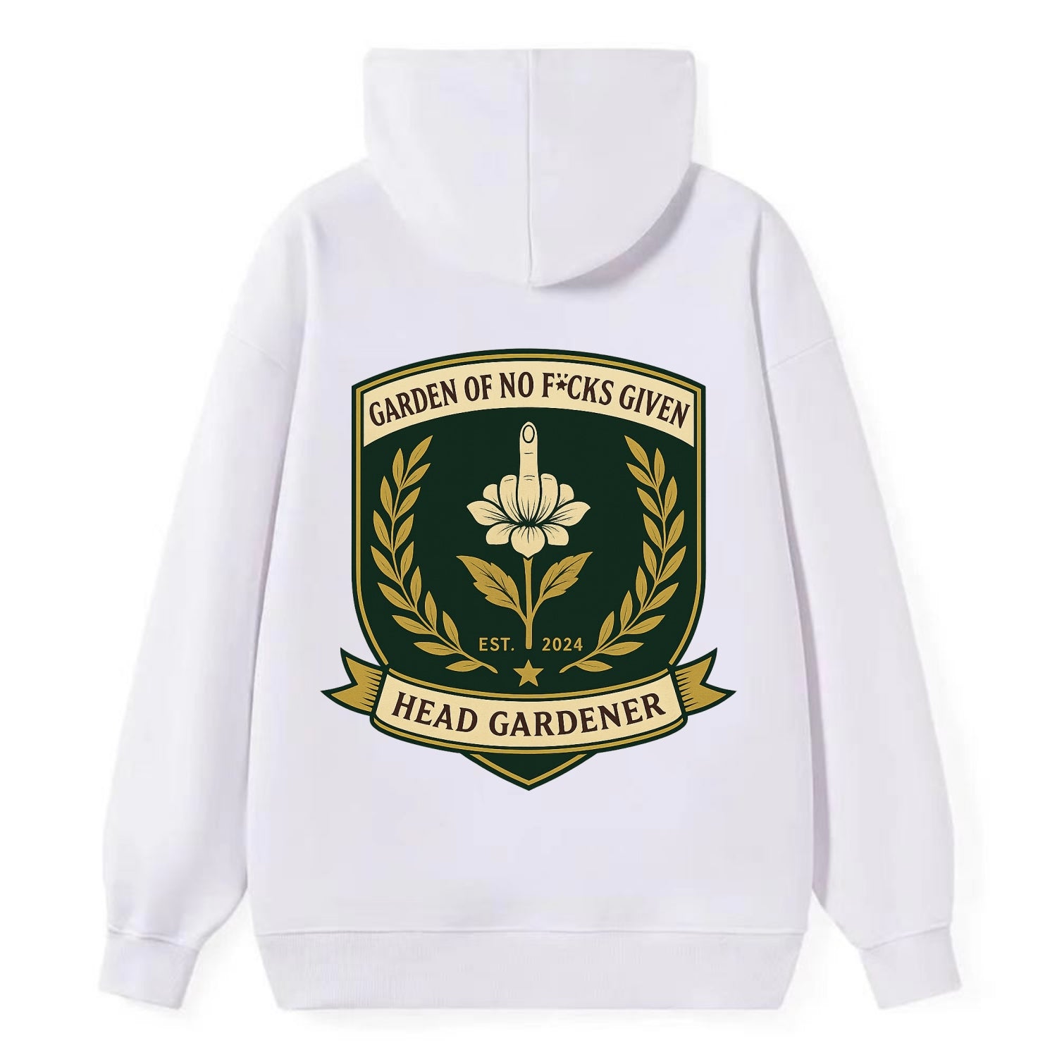 Shield with middle finger flower - "Garden of No F*cks Given - Head - Classic Pullover Hoodie - White