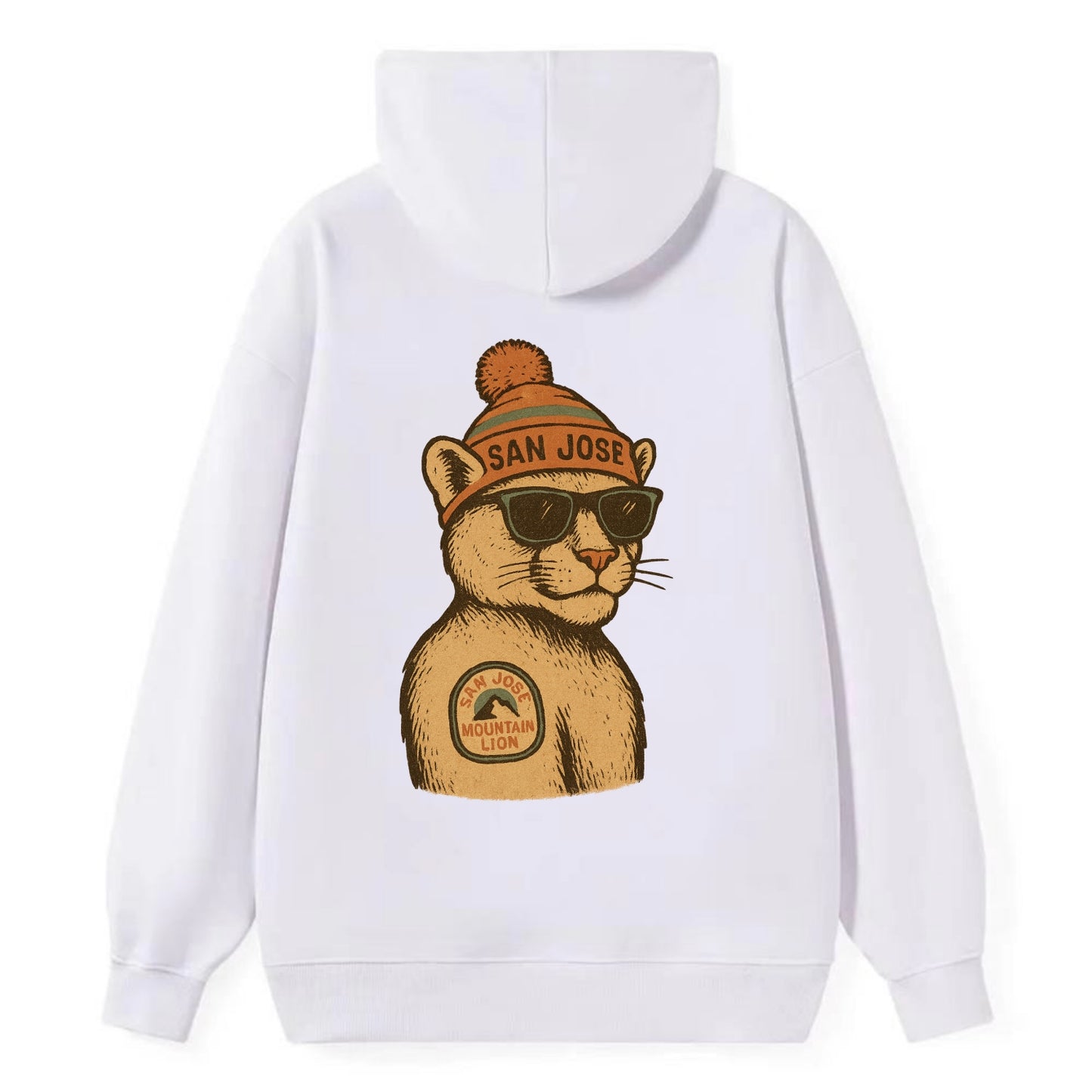 San Jose Mountain Lion wearing San Jose beanie with pom pom and wayfarer - Classic Pullover Hoodie - White