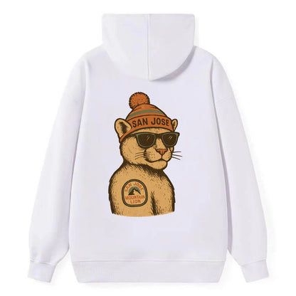 San Jose Mountain Lion wearing San Jose beanie with pom pom and wayfarer - Classic Pullover Hoodie - White