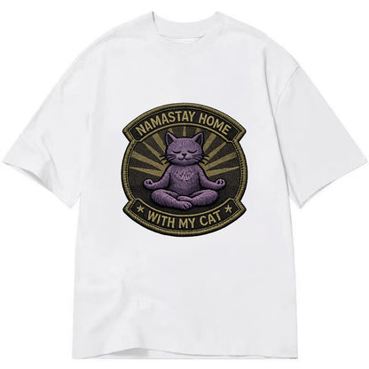 NAMASTAY HOME WITH MY CAT - yoga cat in purple , introvert cat - Classic T-shirt - White