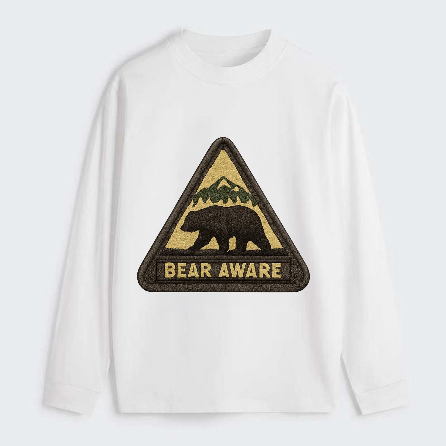 BEAR AWARE - bear silhouette warning in brown and yellow , wilderness - Classic Long Sleeve Shirt - White