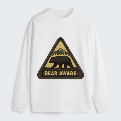 BEAR AWARE - bear silhouette warning in brown and yellow , wilderness - Classic Long Sleeve Shirt - White