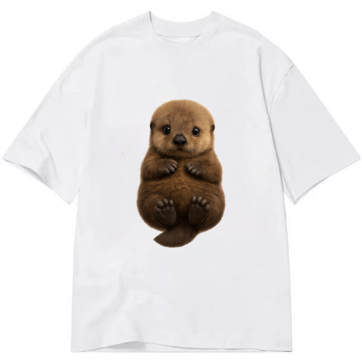 Baby Sea Otter - brown fluffy, floating on back, tiny paws, bright eyes, - Classic T-shirt - White