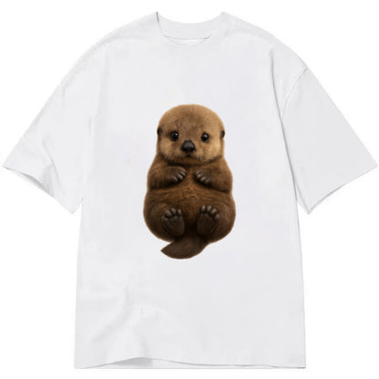 Baby Sea Otter - brown fluffy, floating on back, tiny paws, bright eyes, - Classic T-shirt - White