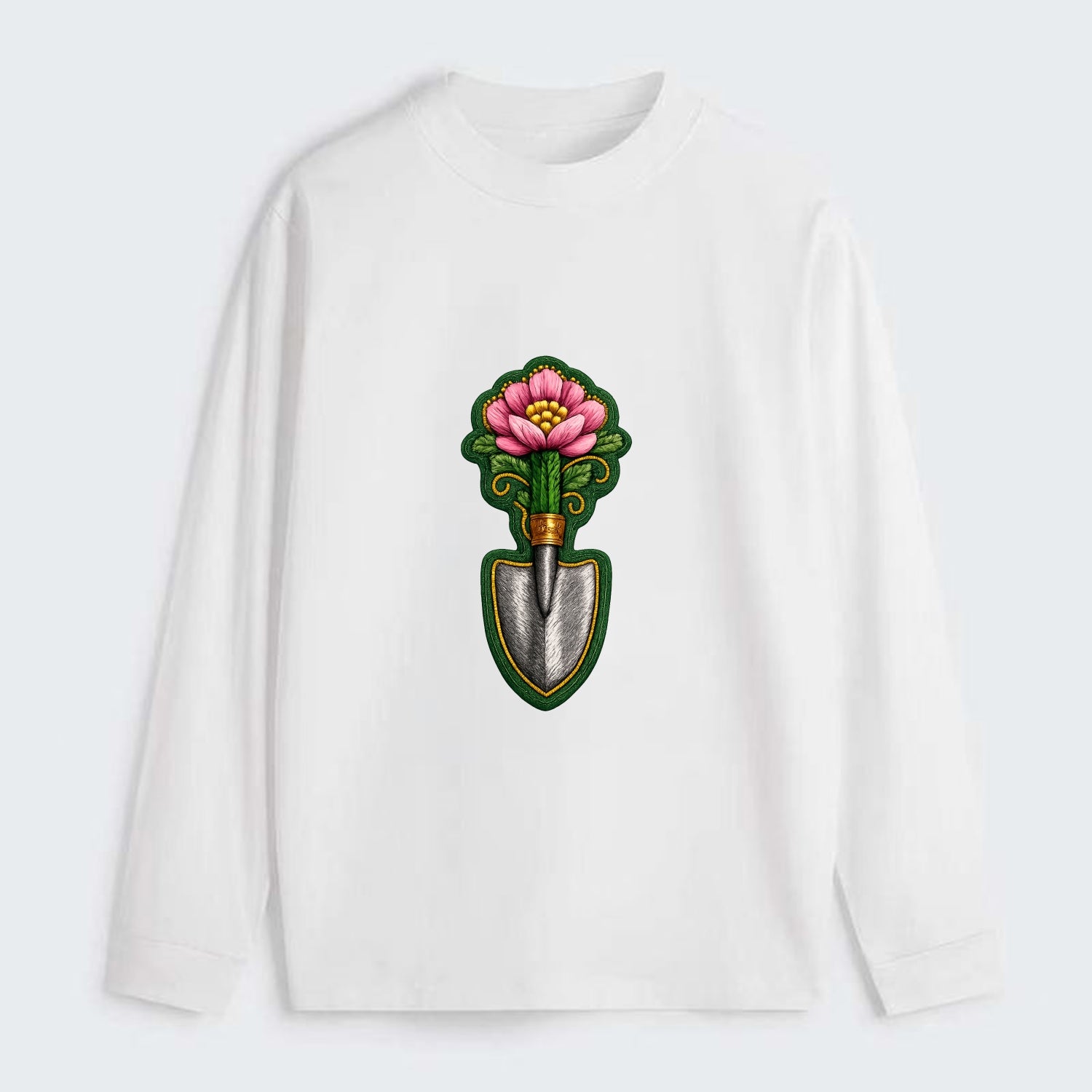 Embroidered patch design - GARDENING TROWEL FLOWER - garden tool with - Classic Long Sleeve Shirt - White