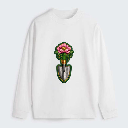 Embroidered patch design - GARDENING TROWEL FLOWER - garden tool with - Classic Long Sleeve Shirt - White