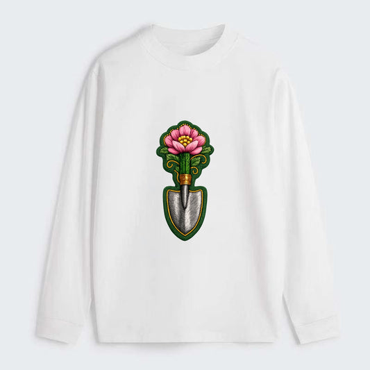 Embroidered patch design - GARDENING TROWEL FLOWER - garden tool with - Classic Long Sleeve Shirt - White