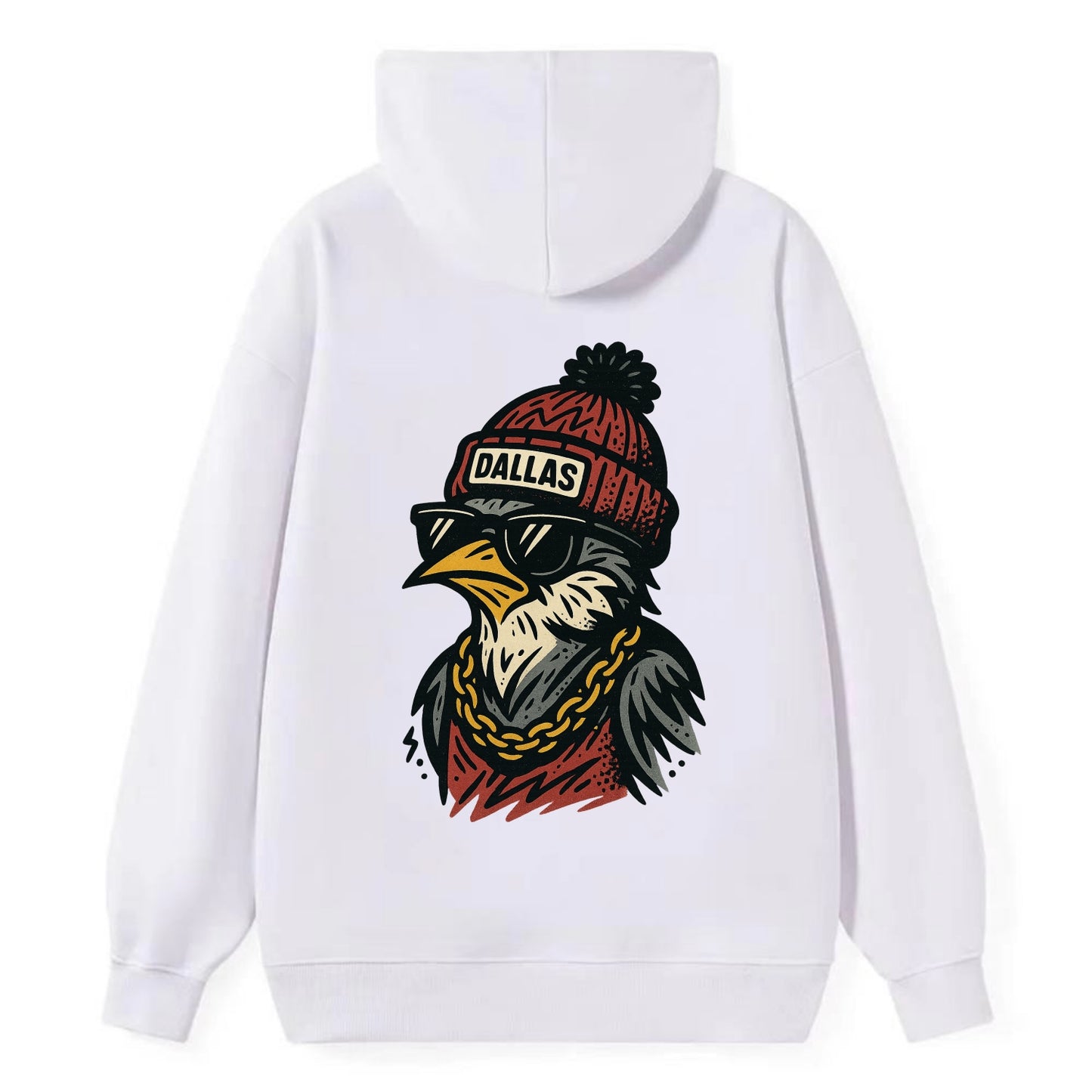 Dallas Mockingbird wearing Dallas beanie with pom pom and wayfarer - Classic Pullover Hoodie - White
