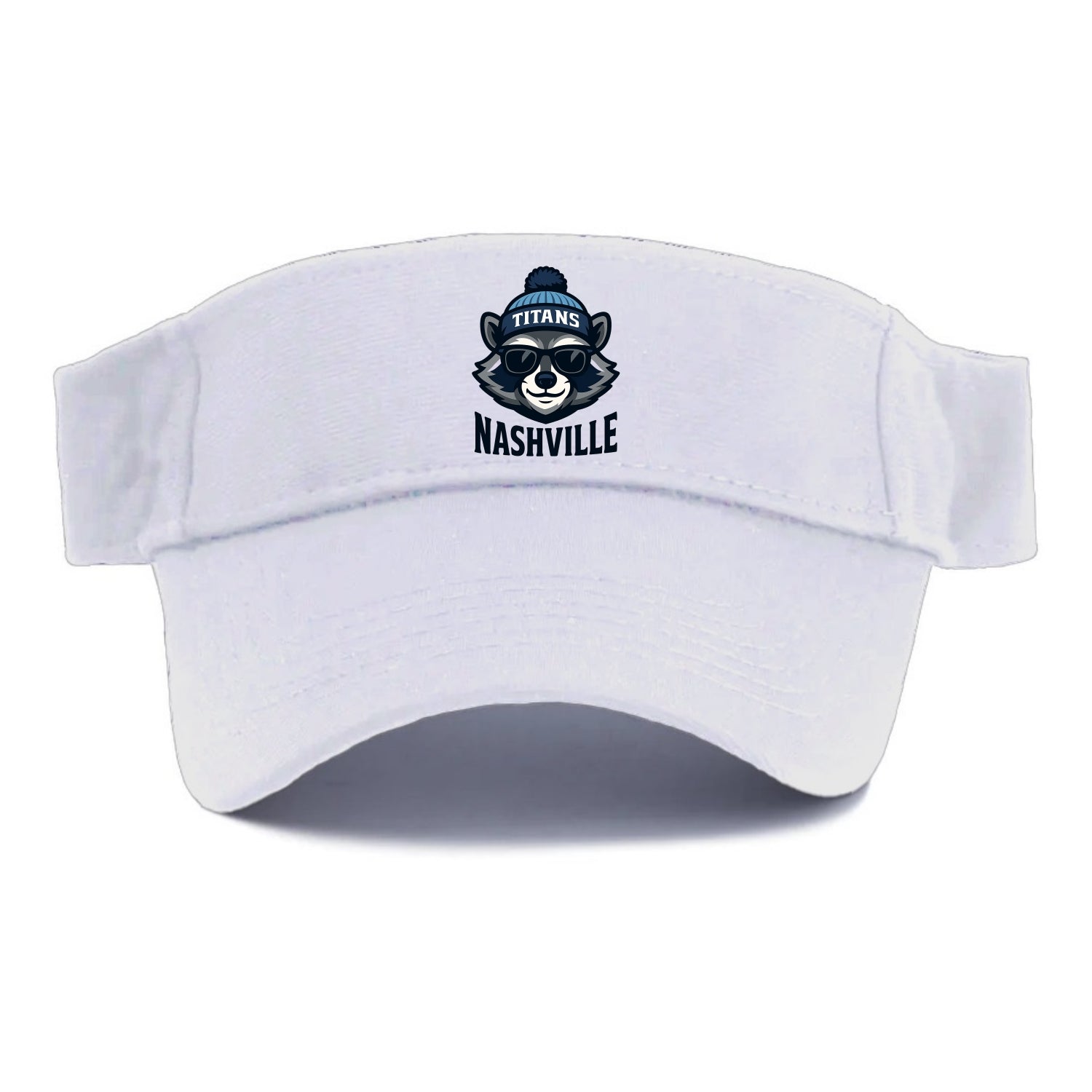 Nashville Raccoon wearing Titans navy and light blue beanie with pom pom and wayfarer - Visor - White