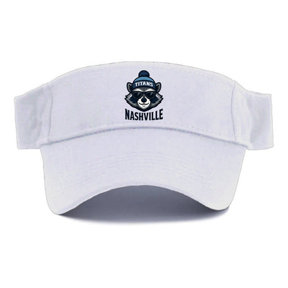 Nashville Raccoon wearing Titans navy and light blue beanie with pom pom and wayfarer - Visor - White