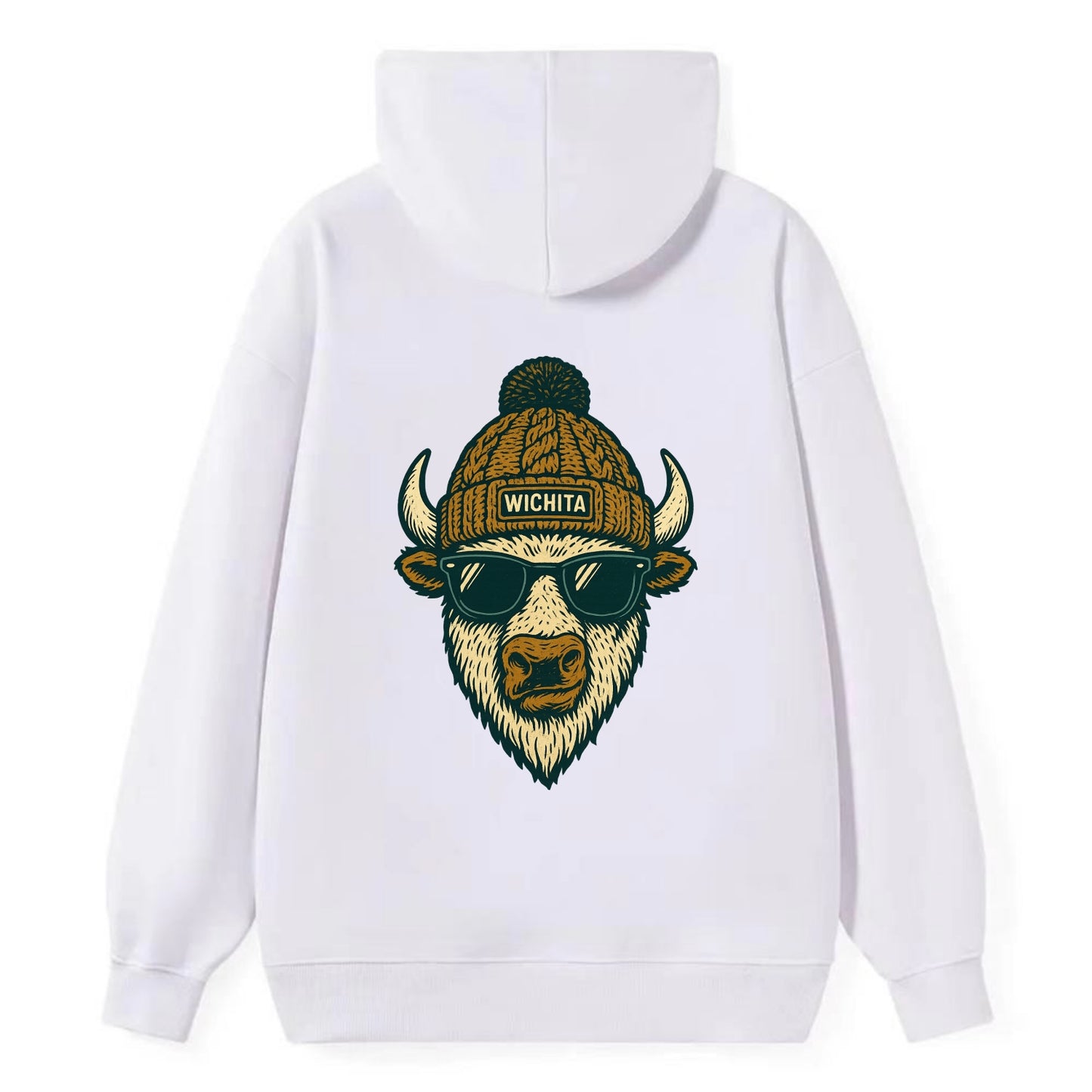 Kansas American Bison wearing Wichita beanie with pom pom and wayfarer - Classic Pullover Hoodie - White
