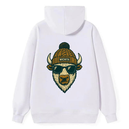 Kansas American Bison wearing Wichita beanie with pom pom and wayfarer - Classic Pullover Hoodie - White
