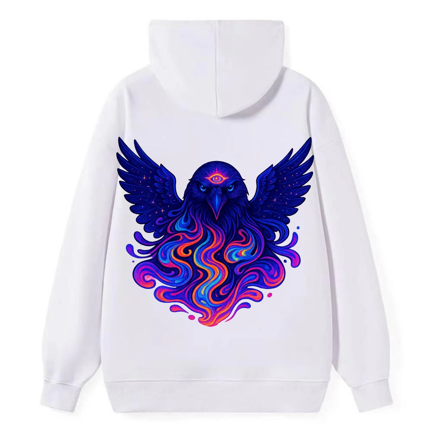 Mysterious raven with feathers showing future visions in neon colors, - Classic Pullover Hoodie - White