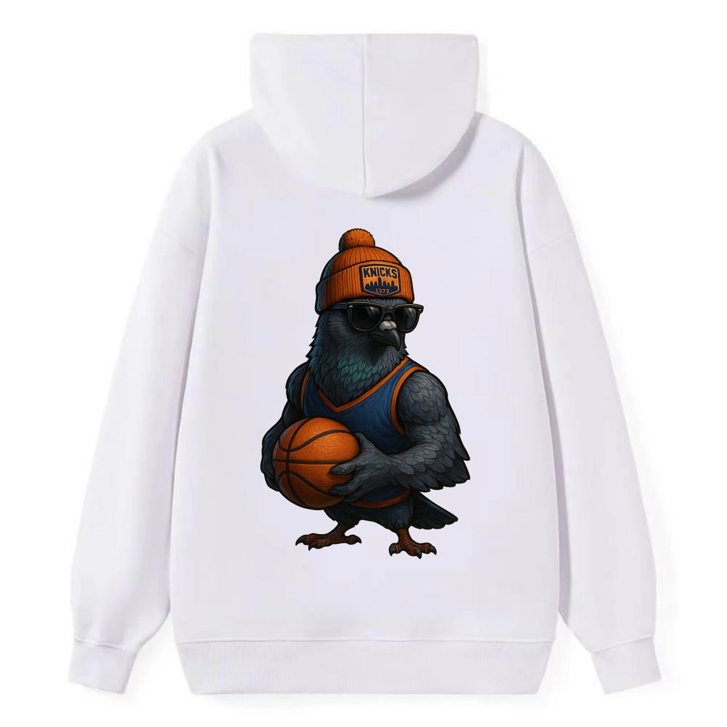Manhattan Pigeon wearing Knicks beanie with skyline patch and wayfarer - Classic Pullover Hoodie - White