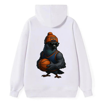 Manhattan Pigeon wearing Knicks beanie with skyline patch and wayfarer - Classic Pullover Hoodie - White