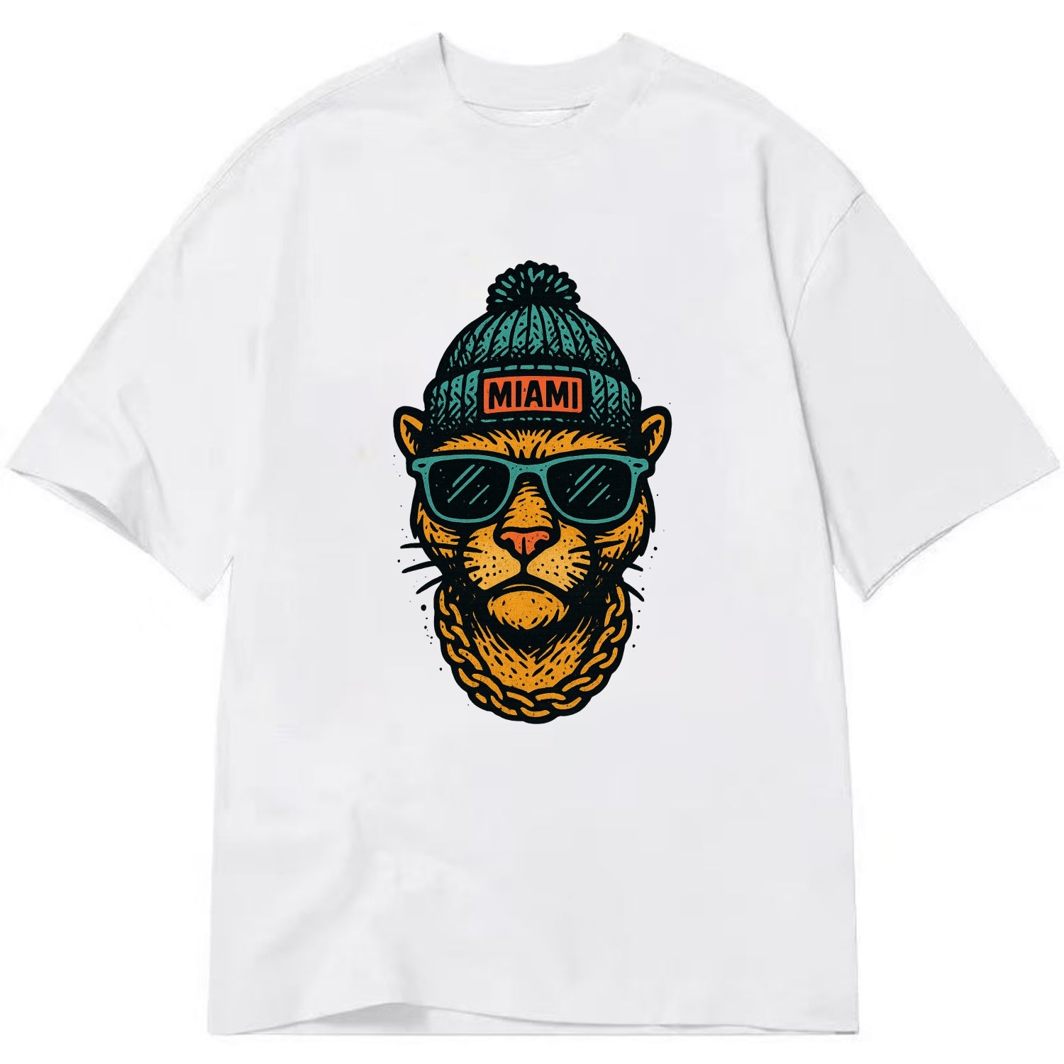 Florida Panther wearing Miami beanie with pom pom and wayfarer sunglasses - Classic T-shirt - White