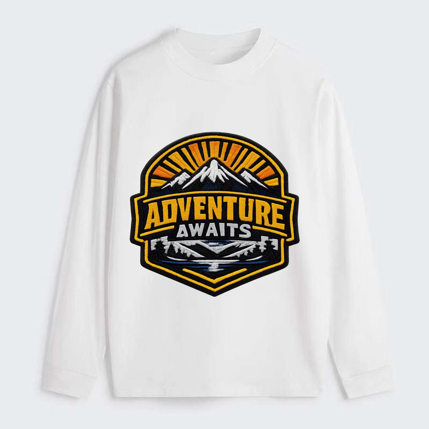 ADVENTURE AWAITS - mountain sunrise with text in gold and blue , - Classic Long Sleeve Shirt - White