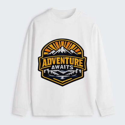 ADVENTURE AWAITS - mountain sunrise with text in gold and blue , - Classic Long Sleeve Shirt - White