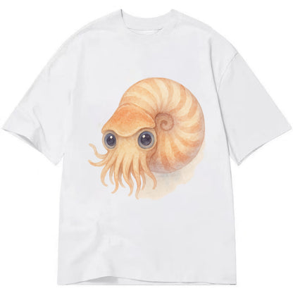 Baby Nautilus - spiral shell, tentacles peeking, ancient eyes, front-facing, - Classic T-shirt - White