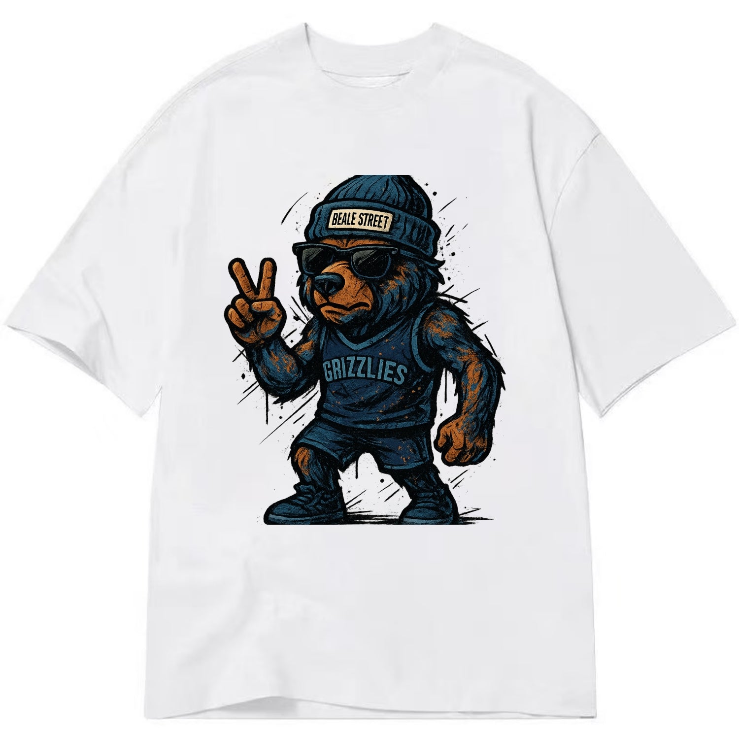Memphis Grizzly Bear wearing Grizzlies navy and light blue beanie with Beale - Classic T-shirt - White