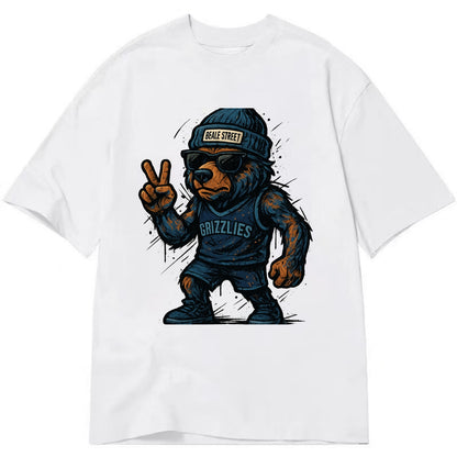 Memphis Grizzly Bear wearing Grizzlies navy and light blue beanie with Beale - Classic T-shirt - White