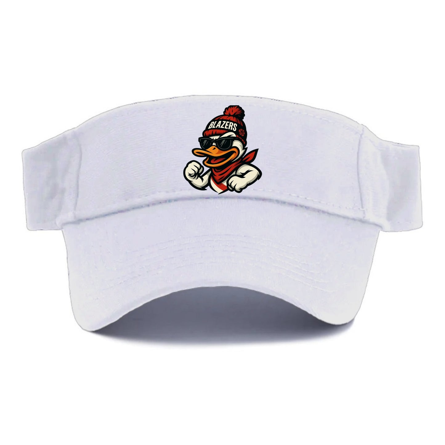 Oregon Duck wearing Trail Blazers beanie with rose patch and wayfarer sunglasses - Visor - White