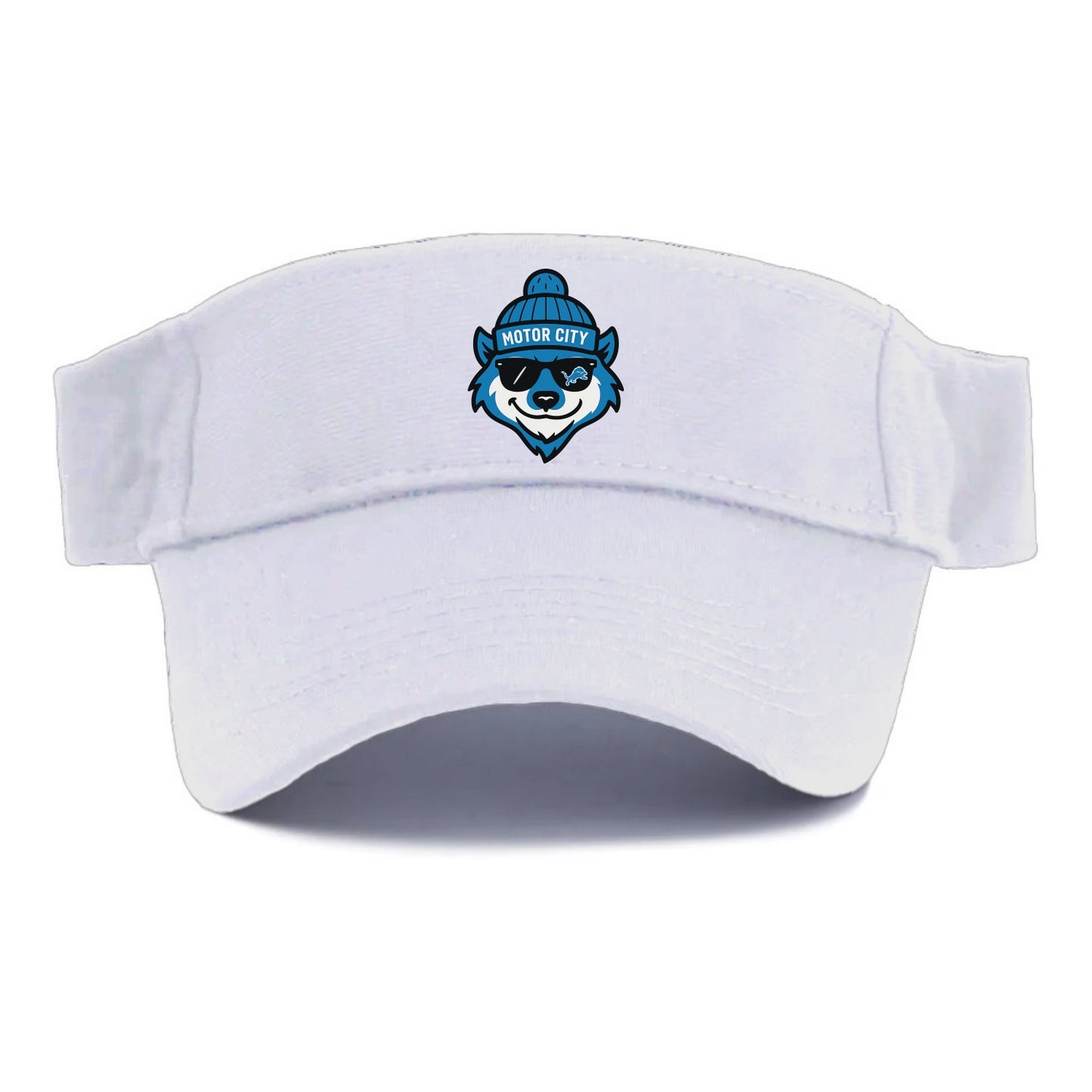 Motor City Wolverine wearing Lions beanie with gear patch and wayfarer sunglasses - Visor - White