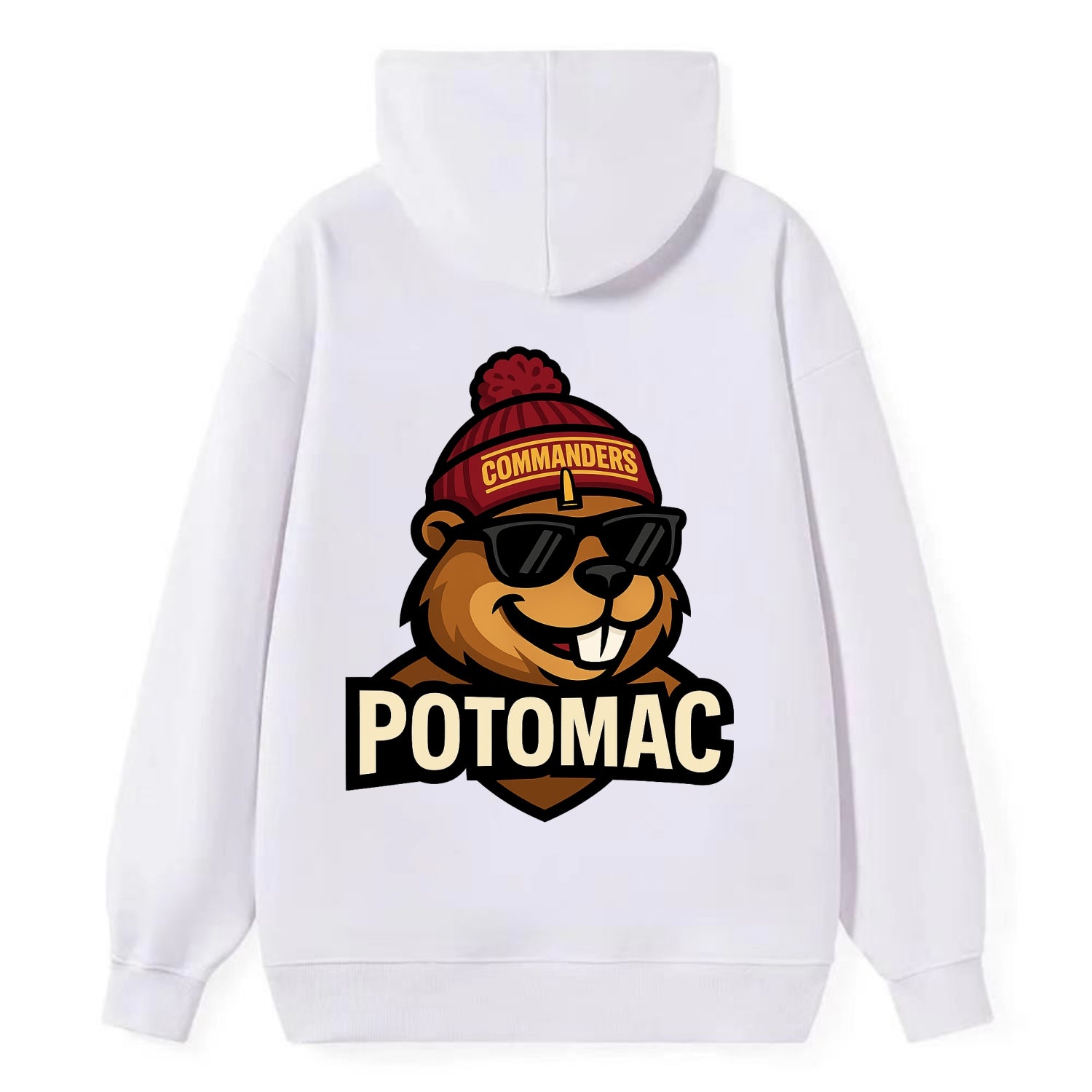 Potomac Beaver wearing Commanders beanie with monument patch and wayfarer - Classic Pullover Hoodie - White