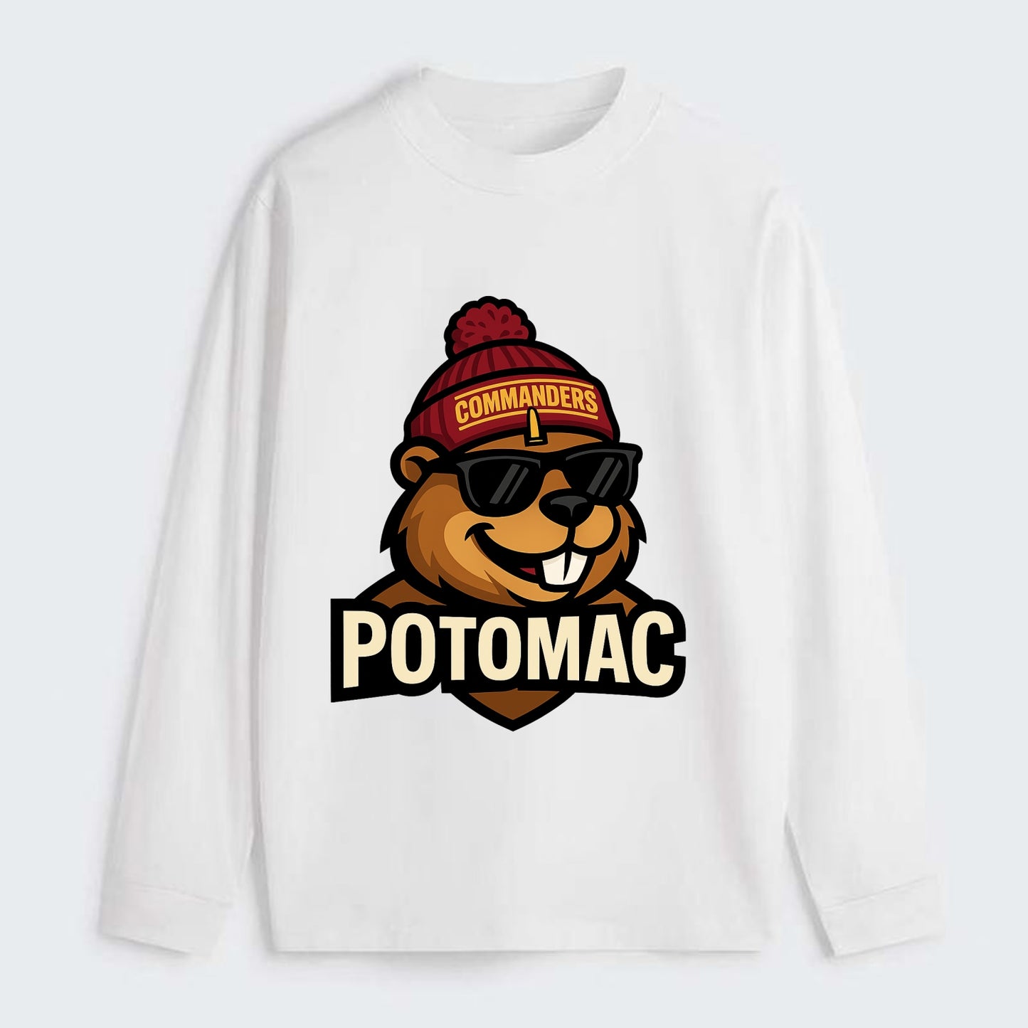 Potomac Beaver wearing Commanders beanie with monument patch and - Classic Long Sleeve Shirt - White
